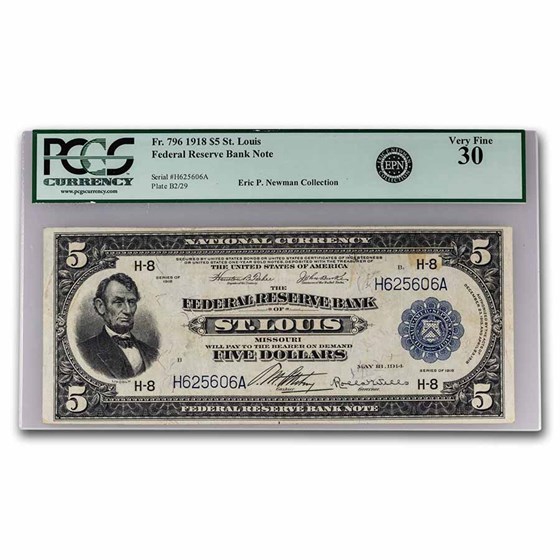 1918 (H-St. Louis) $5.00 FRBN VF-30 PCGS (Fr#796) 1918 (H-St. Louis) $5.00 FRBN VF-30 PCGS (Fr#796)