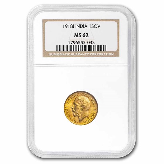 1918-I India Gold Sovereign George V MS-62 NGC 1918-I India Gold Sovereign George V MS-62 NGC