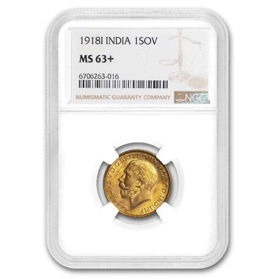 1918-I India Gold Sovereign George V MS-63+ NGC