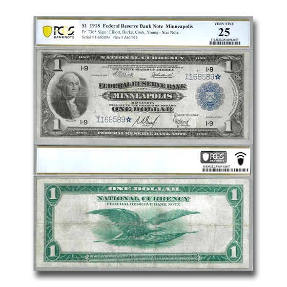1918 (I-Minn) $1.00 FRBN VF-25 PCGS (Fr#737*) Star Note! 1918 (I-Minn) $1.00 FRBN VF-25 PCGS (Fr#737*) Star Note!