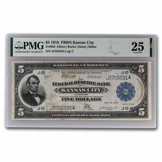 1918 (J-Kansas City) $5.00 FRBN VF-25 PMG (Fr#804) 1918 (J-Kansas City) $5.00 FRBN VF-25 PMG (Fr#804)