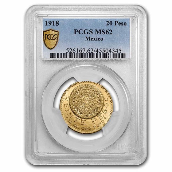1918 Mexico Gold 20 Peso MS-62 PCGS