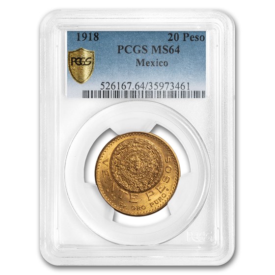 1918 Mexico Gold 20 Peso MS-64 PCGS