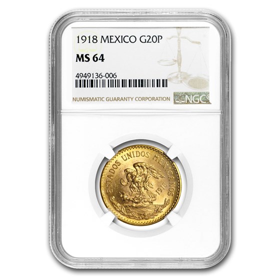 1918 Mexico Gold 20 Pesos MS-64 NGC 1918 Mexico Gold 20 Pesos MS-64 NGC