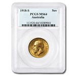 1918-S Australia Gold Sovereign George V MS-64 PCGS