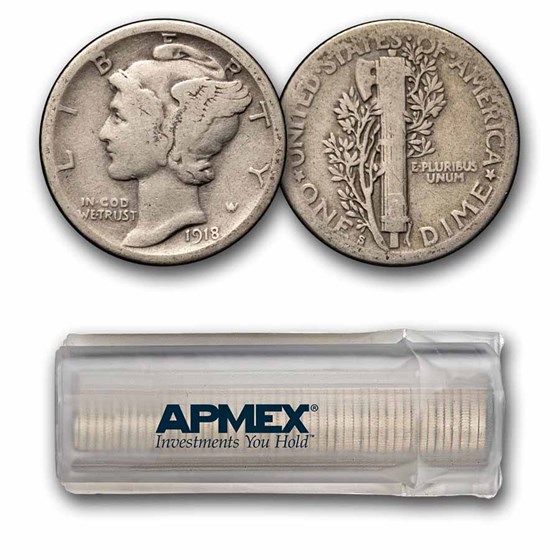 1918-S Mercury Dime 50-Coin Roll Avg Circ