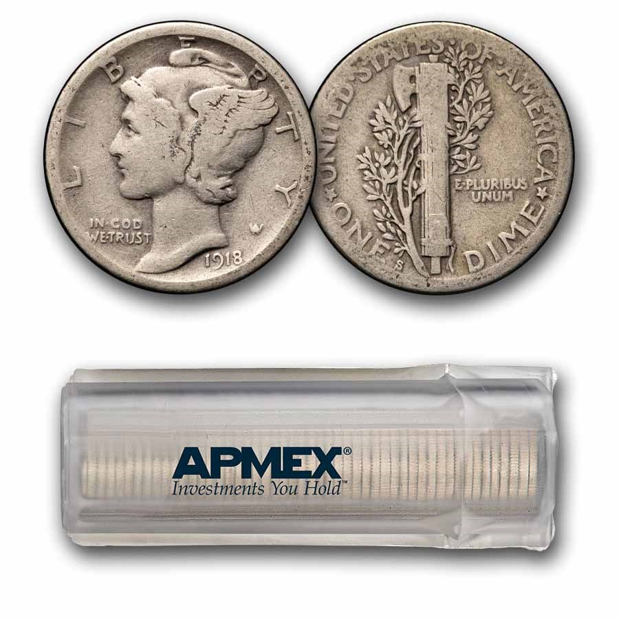 1918-S Mercury Dime 50-Coin Roll Avg Circ