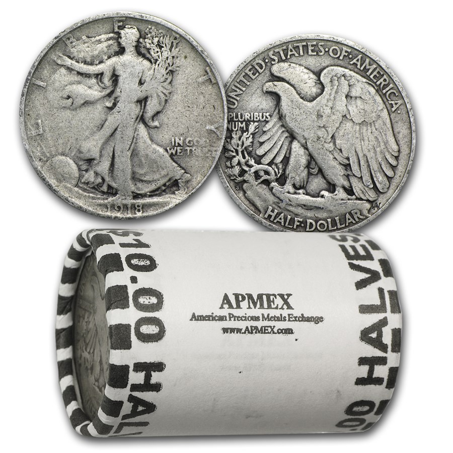 1918-S Walking Liberty Halves 20-Coin Roll Avg Circ