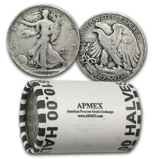 1918-S Walking Liberty Halves 20-Coin Roll Avg Circ 1918-S Walking Liberty Halves 20-Coin Roll Avg Circ