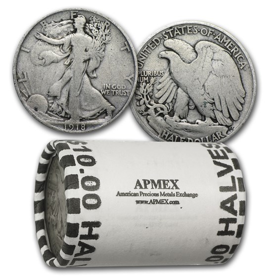 1918 Walking Liberty Halves 20-Coin Roll Avg Circ 1918 Walking Liberty Halves 20-Coin Roll Avg Circ