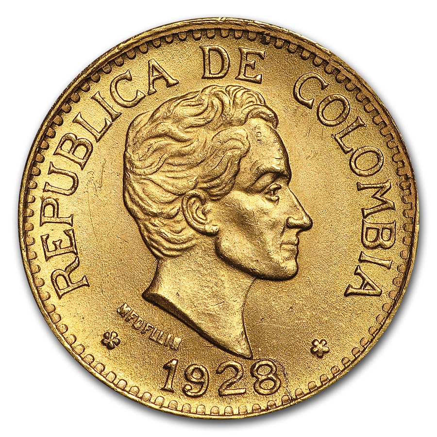 1919-1930 Colombia Gold 5 Pesos BU (Random)