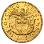 1919-1930 Colombia Gold 5 Pesos Simon Bolivar AU
