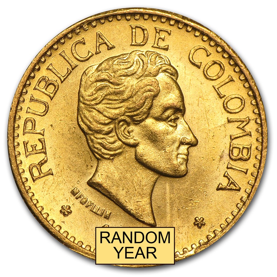 1919-1930 Colombia Gold 5 Pesos Simon Bolivar (AU)