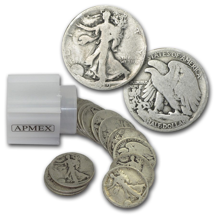 1919-D Walking Liberty Halves 20-Coin Roll Avg Circ