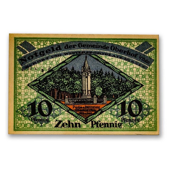 1919 Notgeld Oberhof im Thüringen 10 Pfennig CU (Lt Green)