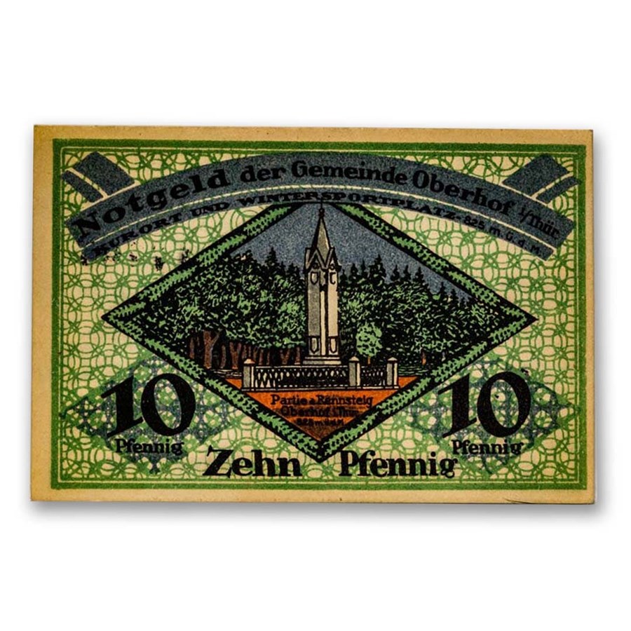 1919 Notgeld Oberhof im Thüringen 10 Pfennig CU (Lt Green)