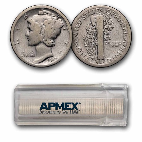 1919-S Mercury Dime 50-Coin Roll Avg Circ