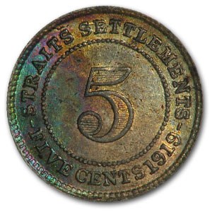1919 Straits Settlements Silver 5 Cents George V BU 1919 Straits Settlements Silver 5 Cents George V BU
