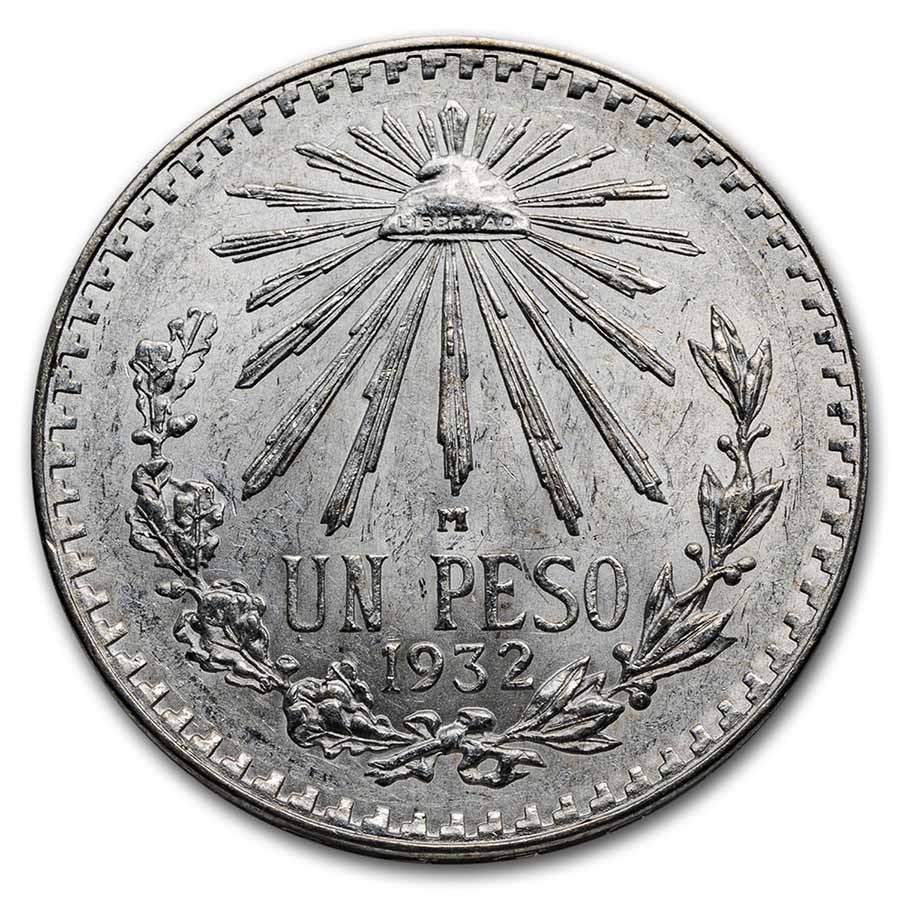1920-1945 Silver Mexican 1 Peso Cap & Rays AU