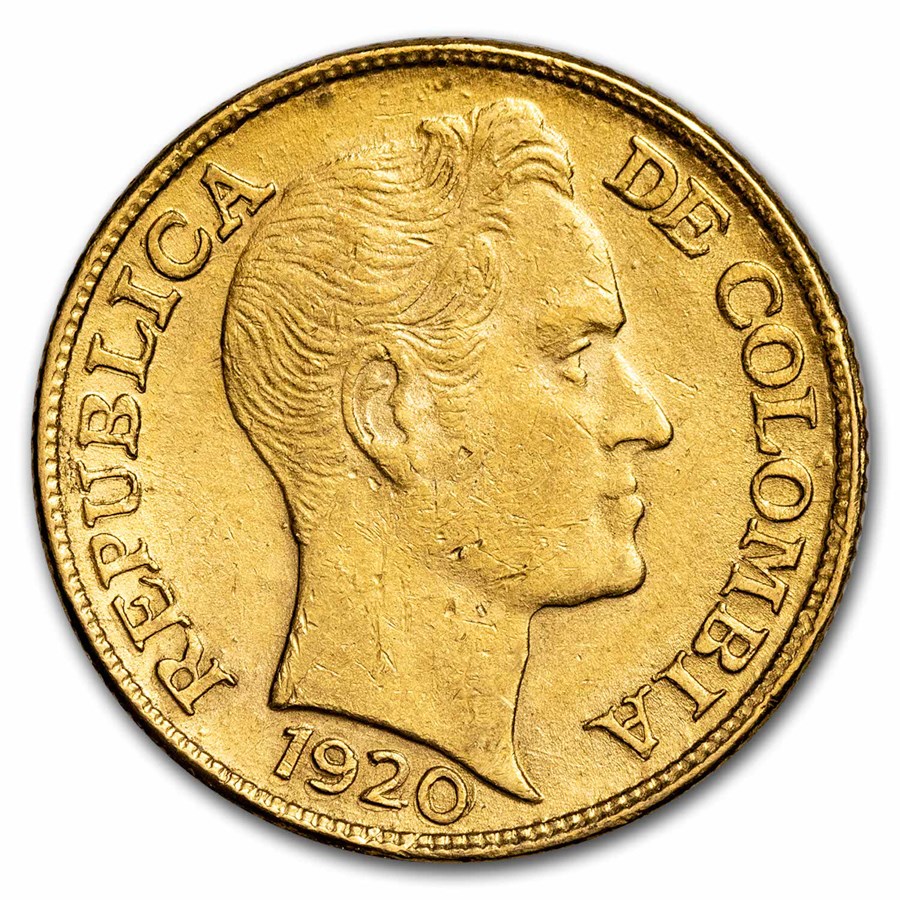 Coloman Coin 1920 Colombia Gold 5 Pesos Coin BU