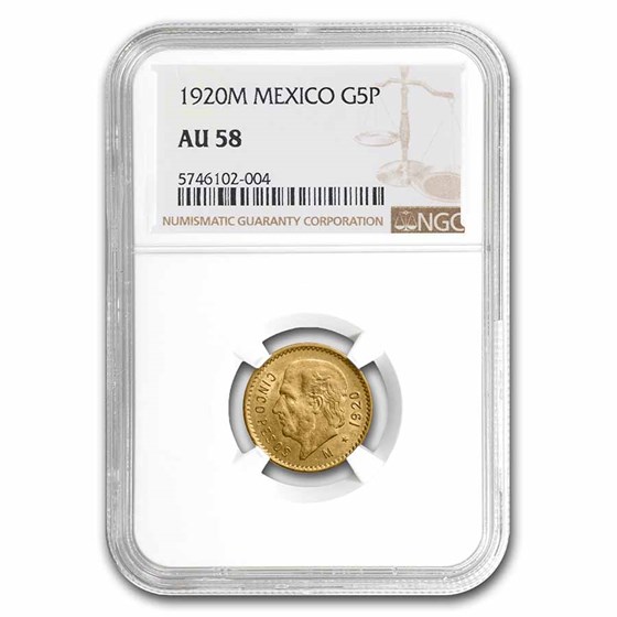 1920-M Mexico Gold 5 Pesos AU-58 NGC 1920-M Mexico Gold 5 Pesos AU-58 NGC