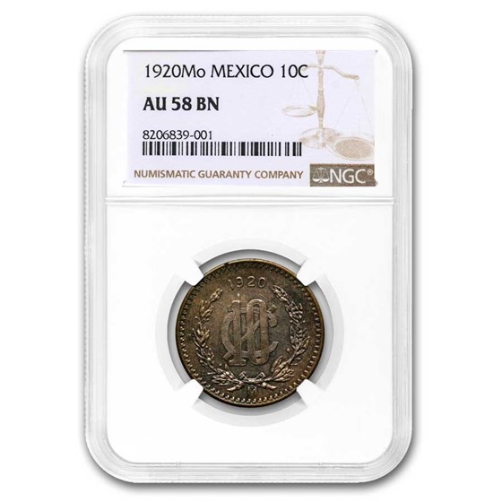 1920-Mo Mexico Bronze 10 Centavos AU-58 NGC (Brown) 1920-Mo Mexico Bronze 10 Centavos AU-58 NGC (Brown)