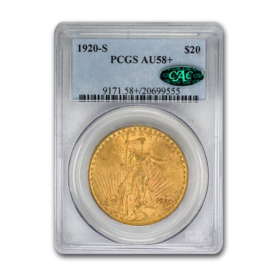 1920-S $20 Saint-Gaudens Gold Double Eagle AU-58+ PCGS CAC 1920-S $20 Saint-Gaudens Gold Double Eagle AU-58+ PCGS CAC