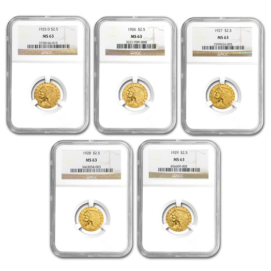 1920s 5-Coin $2.50 Indian Gold Quarter Eagle Set MS-63 NGC 1920s 5-Coin $2.50 Indian Gold Quarter Eagle Set MS-63 NGC