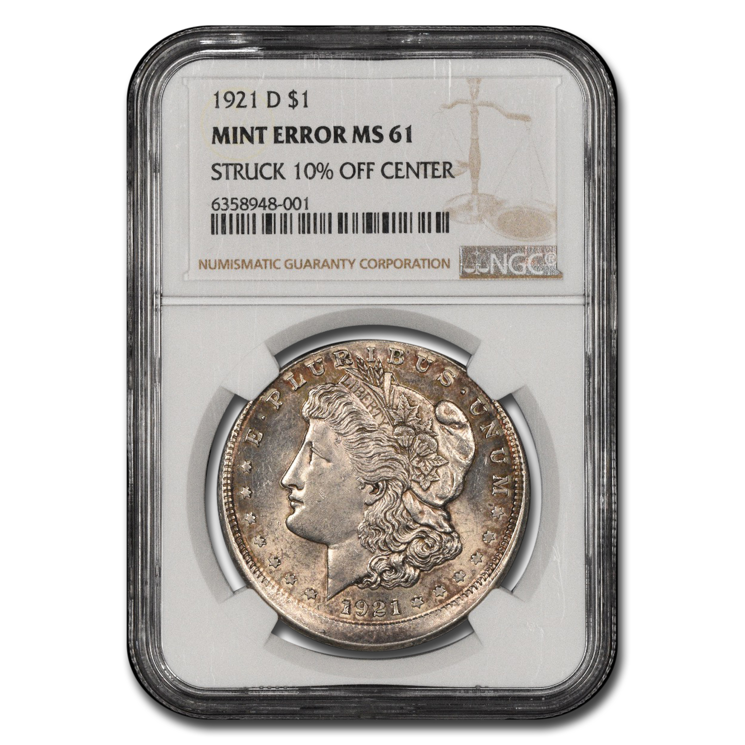 1921-D Morgan Dollar MS-61 NGC (Struck 10% Off Center)
