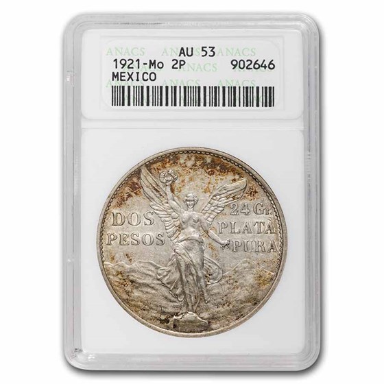 1921 Mexico Silver 2 Pesos Winged Victory AU-53 ANACS 1921 Mexico Silver 2 Pesos Winged Victory AU-53 ANACS