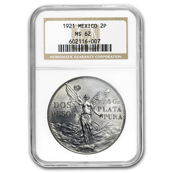 1921 Mexico Silver 2 Pesos Winged Victory MS-62 NGC 1921 Mexico Silver 2 Pesos Winged Victory MS-62 NGC