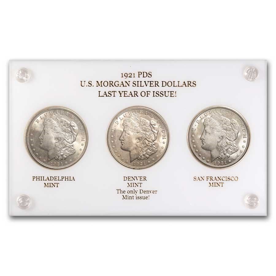 1921 Morgan Dollar 3-Coins P-D-S Mint's Set BU (Capital Plastic)