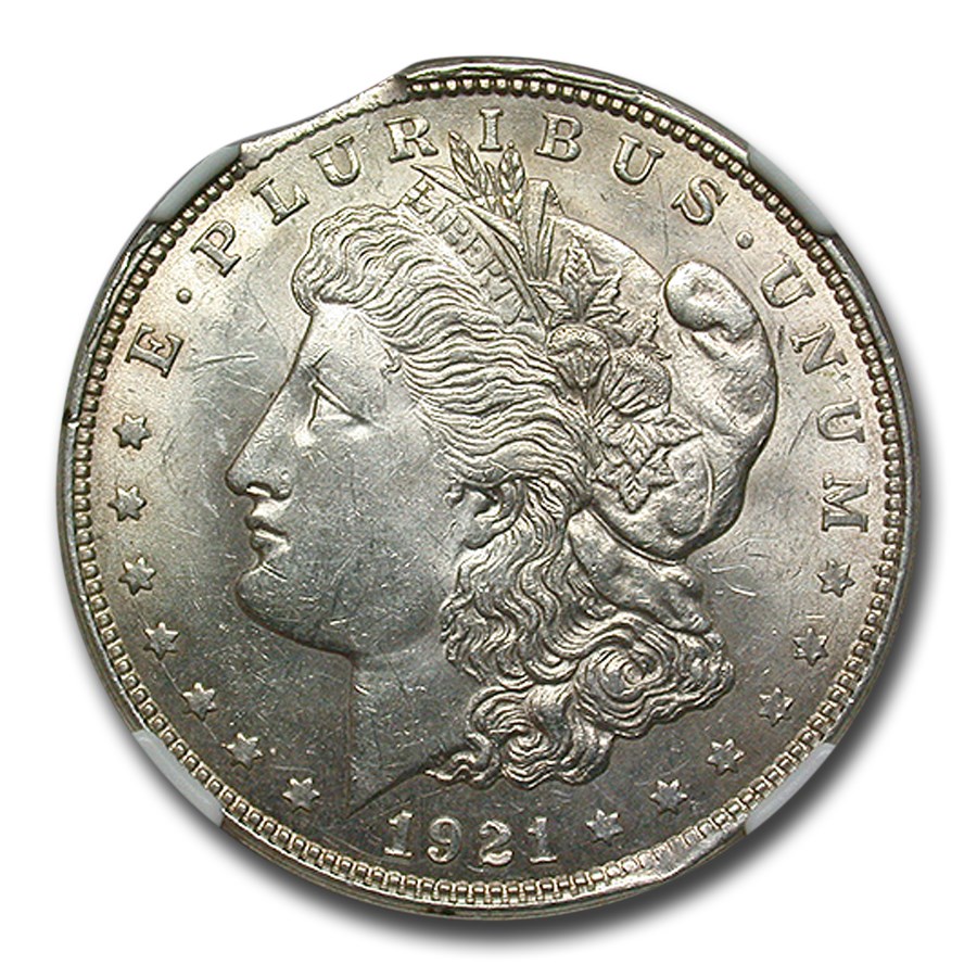 1921 Morgan Dollar MS-61 NGC (Curved Clip @ 11:00 Partial Collar)