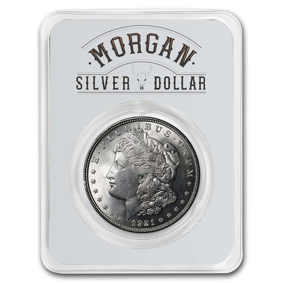 1921 Morgan Silver Dollar BU - w/Long Horn Card