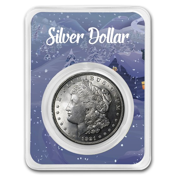 1921 Morgan Silver Dollar Winter Scene Card BU 1921 Morgan Silver Dollar Winter Scene Card BU