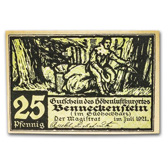 1921 Notgeld Benneckenstein 25 Pfennig CU (Green/Black)