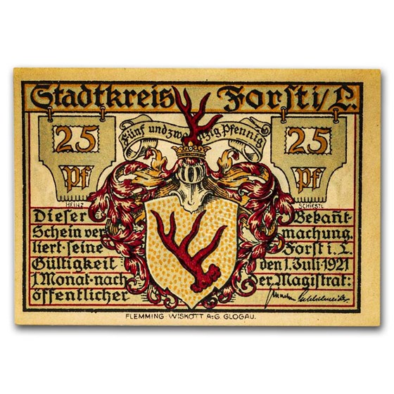 (1921) Notgeld Forst in der Lausitz 25 Pfennig CU (Tan/Red) (1921) Notgeld Forst in der Lausitz 25 Pfennig CU (Tan/Red)