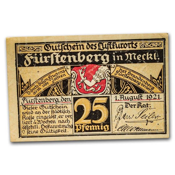 1921 Notgeld Fürstenberg 25 Pfennig CU (White/Black/Tan) 1921 Notgeld Fürstenberg 25 Pfennig CU (White/Black/Tan)