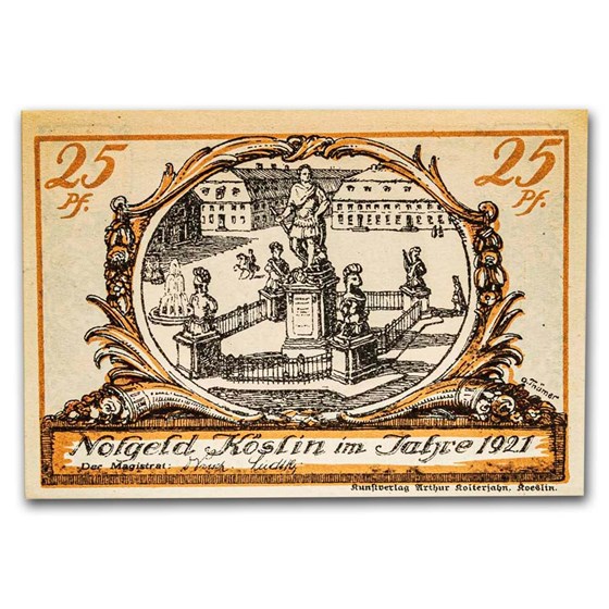 1921 Notgeld Köslin 25 Pfennig CU (Orange/Blue) 1921 Notgeld Köslin 25 Pfennig CU (Orange/Blue)