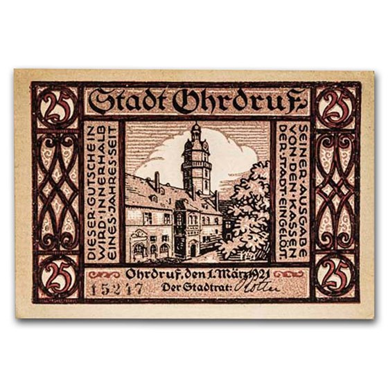 1921 Notgeld Ohrdruf 25 Pfennig CU (Plum/Maroon) 1921 Notgeld Ohrdruf 25 Pfennig CU (Plum/Maroon)