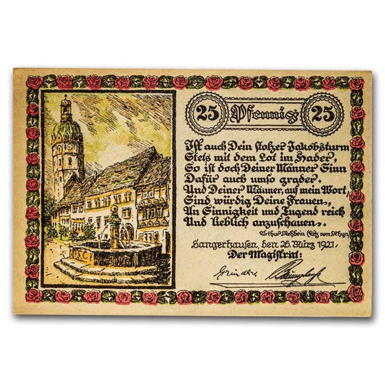 1921 Notgeld Sangerhausen 25 Pfennig CU (White/Pink/Green) 1921 Notgeld Sangerhausen 25 Pfennig CU (White/Pink/Green)