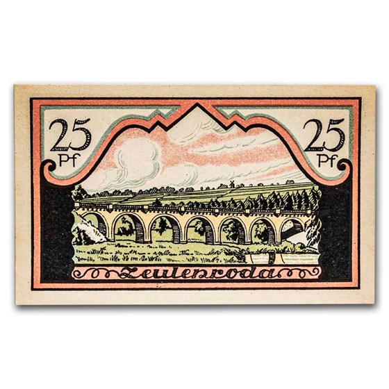 1921 Notgeld Zeulenroda 25 Pfennig CU (Pink/Olive/Yellow) 1921 Notgeld Zeulenroda 25 Pfennig CU (Pink/Olive/Yellow)