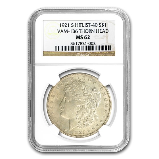 1921-S Morgan Dollar MS-62 NGC (VAM-1B6, Thornhead) 1921-S Morgan Dollar MS-62 NGC (VAM-1B6, Thornhead)