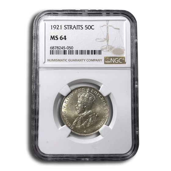 1921 Straits Settlements Silver 50 Cents MS-64 NGC 1921 Straits Settlements Silver 50 Cents MS-64 NGC