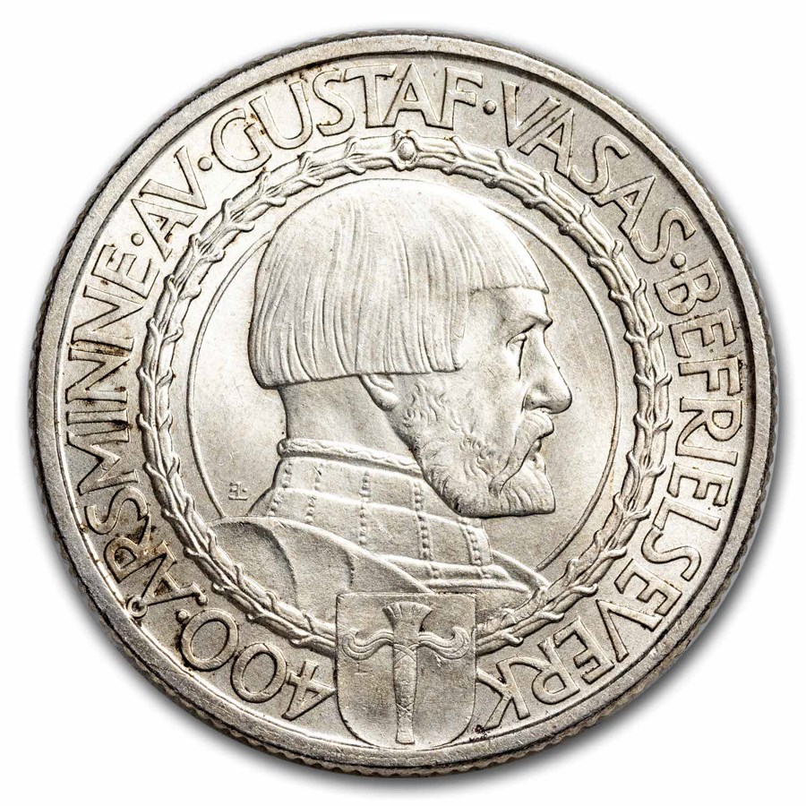 1921-W Sweden Silver 2 Kronor Gustaf V BU (400th Ann of Liberty) 1921-W Sweden Silver 2 Kronor Gustaf V BU (400th Ann of Liberty)