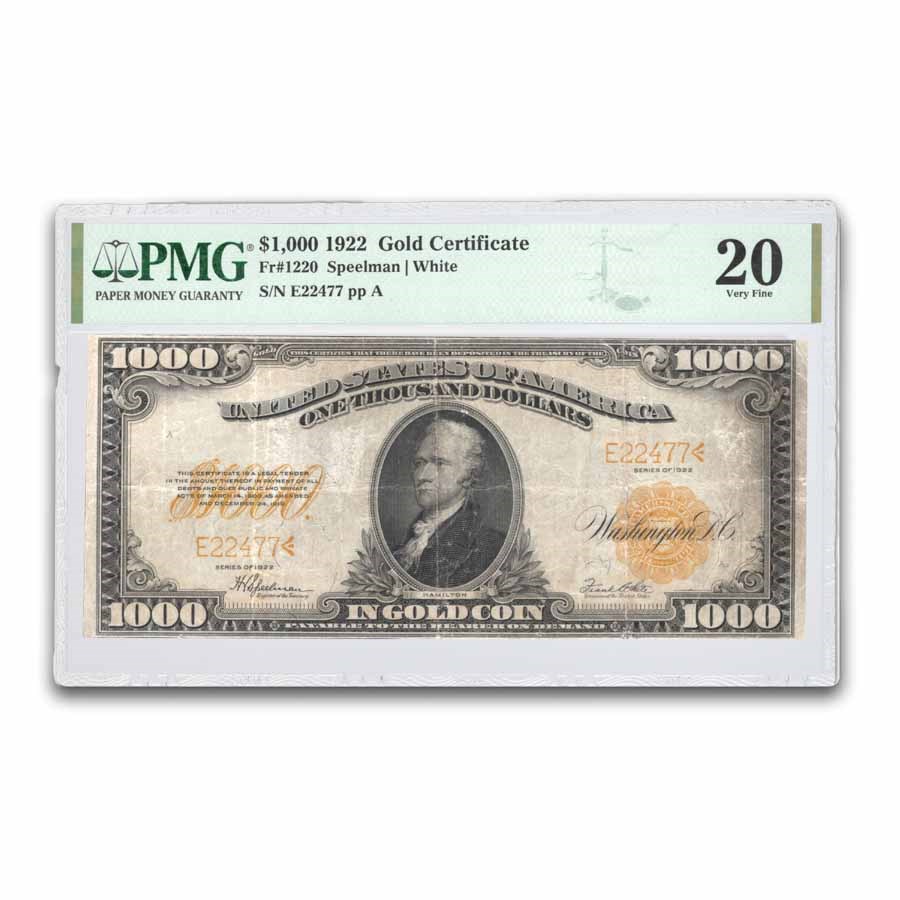 1922 $1,000 Gold Certificate VF-20 PMG (Fr#1220)