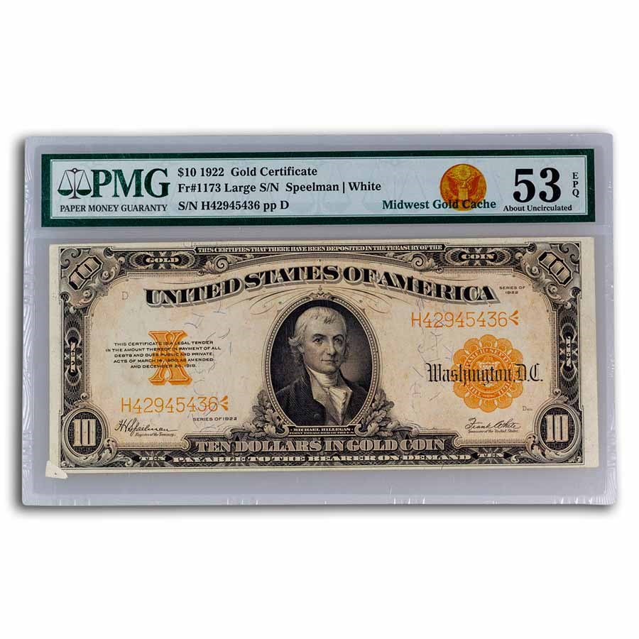 1922 $10 Gold Cert Hillegas AU-53 EPQ PMG (Fr#1173)Gutter Fold