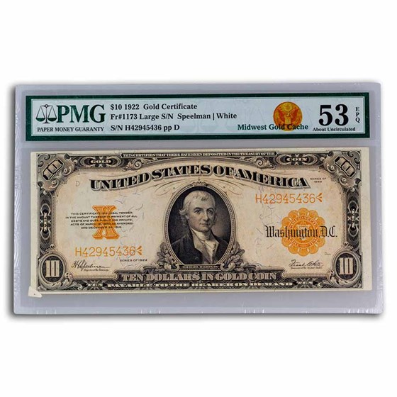 1922 $10 Gold Cert Hillegas AU-53 EPQ PMG (Fr#1173)Gutter Fold 1922 $10 Gold Cert Hillegas AU-53 EPQ PMG (Fr#1173)Gutter Fold