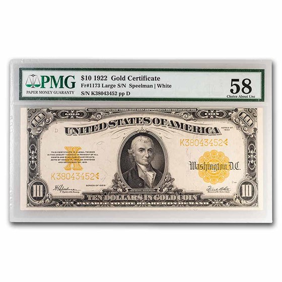 1922 $10 Gold Certificate AU-58 PMG (Fr#1173) 1922 $10 Gold Certificate AU-58 PMG (Fr#1173)
