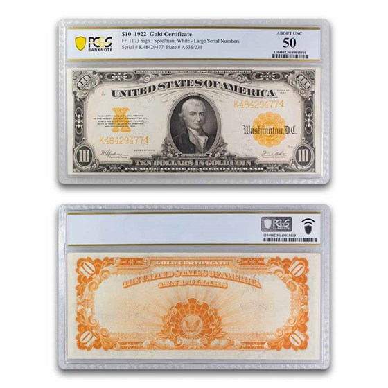 1922 $10 Gold Certificate Hillegas AU-50 PCGS (Fr#1173) 1922 $10 Gold Certificate Hillegas AU-50 PCGS (Fr#1173)